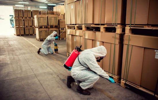 Exterminators in warehouse spraying pesticides with sprayer